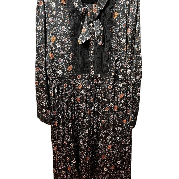 DALIA Macphee Floral Pleated Long Sleeve‎ Midi Dress Black Size 3x New - Picture 5 of 15